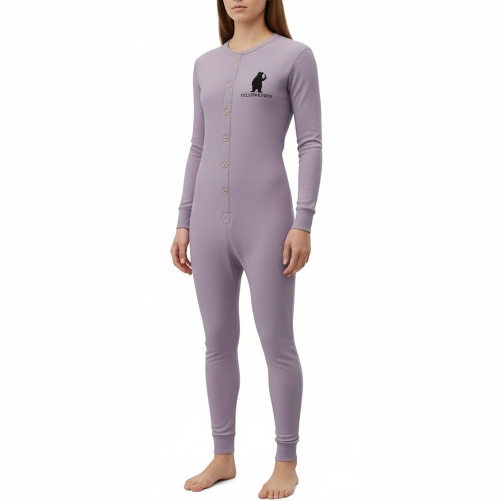 Wild Cozy Purple Bear Yellowstone One Piece Pajama Jumpsuit Women's S‎